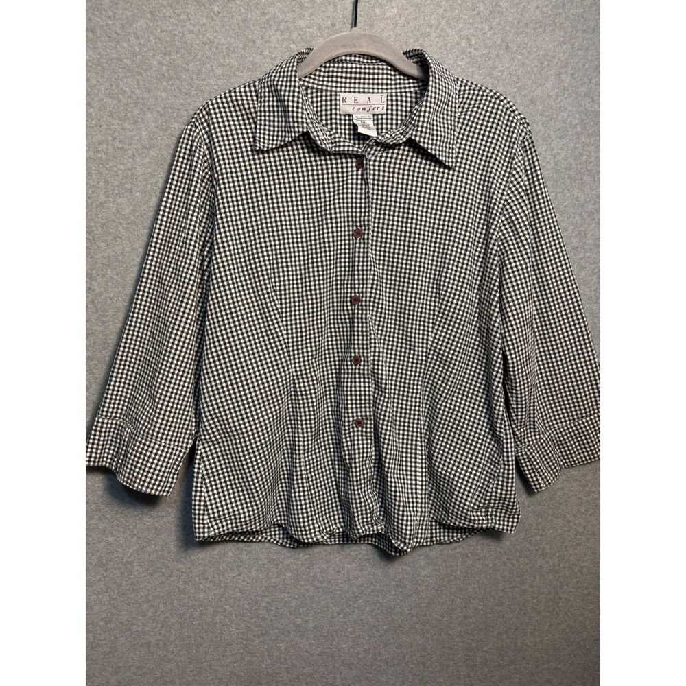 Real Comfort Gingham Button Front Blouse Womens PM Cottagecore Academia Top - Picture 1 of 8